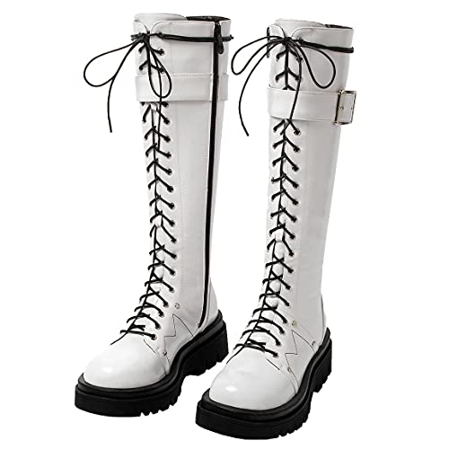 Trendenzy Womens Knee High Lace Up Combat Boots Chunky Mid Heel Motorcycle Riding Boots