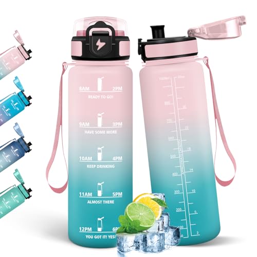 HoneyHolly Botella Agua, 1L, Marcador de Tiempo, Cantimplora, Libre de BPA, Portátil, Botella Agua Gimnasio, A Prueba de Fugas, Cantimplora para Gimnasio, Ciclismo, Oficina y Exteriores