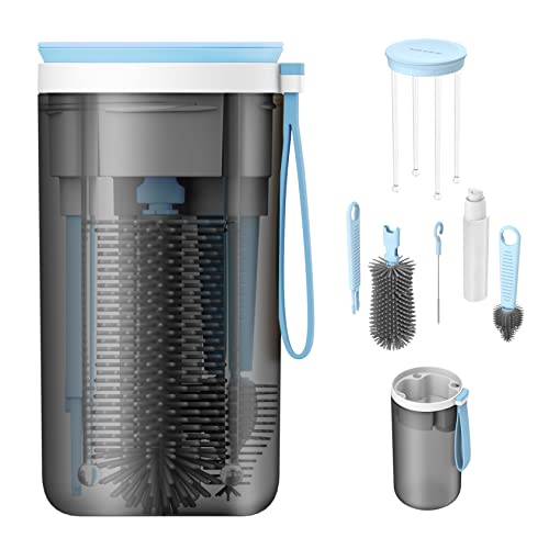 Image of Babestar Portable Baby Bottle Cleaning Kit,Todder Nursing Bottle Silicone Brush with Drying Rack,Nipple Cleaner,Soap Dispenser,Blue
