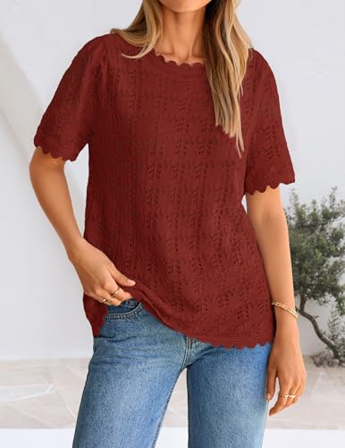 ZESICA Women's Summer Hollow Out Crochet Cover Ups 2026 Short Sleeve Crewneck Sweater Shirts Beach Vacation Outfits Wine Small — view 4