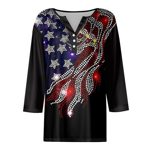 Image of 4th of July Shirts Women 3 /4 Length Sleeve Womens Tops Henley Neck Casual Patriotic T Shirts