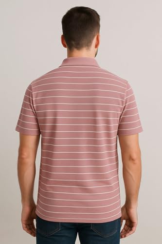 Image of WILD ELEPHANT Men Striped Polo T-Shirt | Cotton Short Sleeve Polo Neck with Button | Chest Pocket Casual Wear