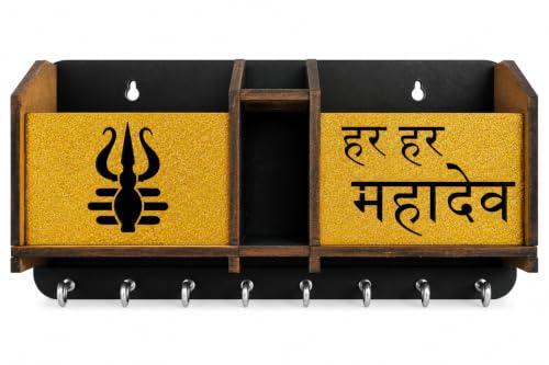 Image of Premium Har Har Mahadev Multipurpose Wooden Key Holder, Key Hanging for Wall Home, Living Room, Office Decor Key Holder Trishul Design Key Holder with Stainless Steel 8 Hooks Gift Item