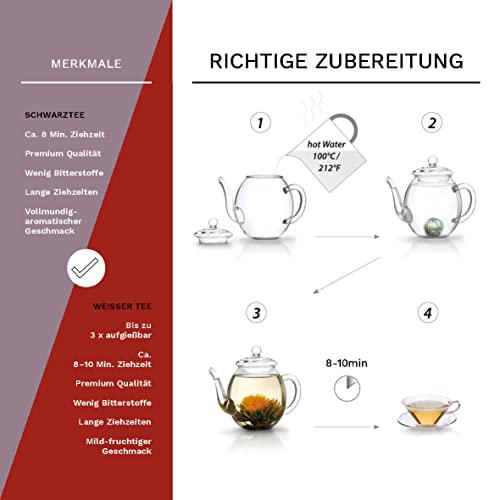 Creano Teeblumen Geschenkset - Erblühtee mit 500ml Glaskanne & 6x schwarzer & weißer Tee + 1x Teelini Schwarztee Bonuskugel - 8 teilig