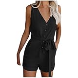 Womens Work Jumpsuit Casual Elegant Sleeveless One Piece Shorts Rompers with Belt Ladies Plain V Neck Button Down Jump Suit Women's All In One Playsuit with Pockets