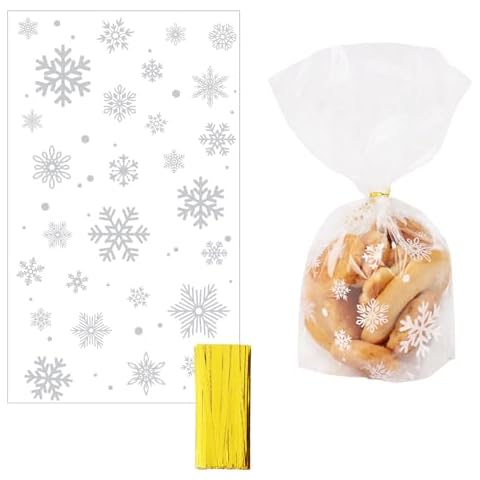 DDLP 100pcs 3.7" Lx6.3 H Small Christmas Snowflake Cellophane Treat Bags Goodie Cookie Bags Flat Bottom Xmas Clear Cello Gift Bags with Twist Ties (White Snowflake) Cover