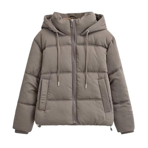 Oxxggkao Chaquetas acolchadas de invierno con capucha y cordón para mujer, manga larga, cremallera, acolchada, con bolsillos, resistente al viento y cálida, caqui, XS