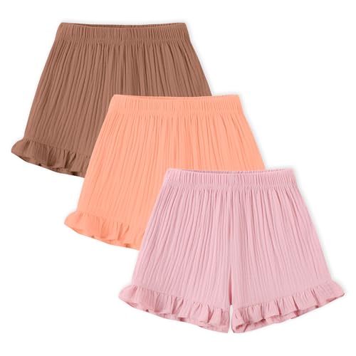 DREAM BUS 3 Pack Baby Girls Shorts Toddler Summer Casual Shorts Cotton Toddler Girls Ruffled Shorts Newborn Infant Bloomers, Pink/Light Brown/Orange, 12-18 Months
