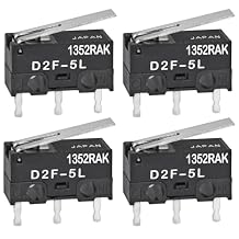 D2F-5L 3-Pin Basic Limit Switch Pack of 4 - SPDT 1.47N Hinge Lever Subminiature, 3A 125V, PCB Mount, IP54