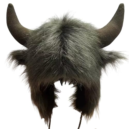 Chapeau de buffle d'eau chapeau de buffle avec cornes bison en fourrure déguisement amusant pour l'hiver accessoire photo pour fête en extérieur par temps froid