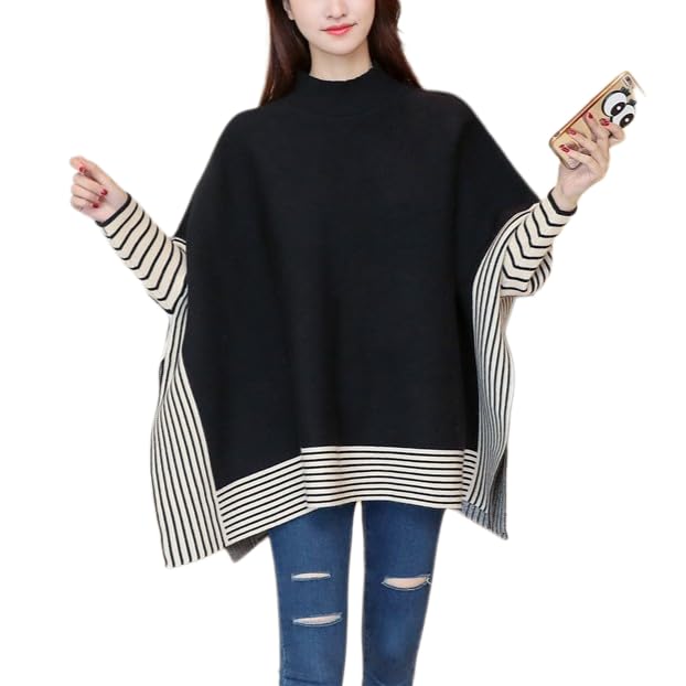 Womens Striped Oversize Sweater Crew Neck Batwing Sleeve Split Hem Soft Knit Poncho Pullover Sweaters