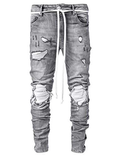IDEALSANXUN Mens Ripped Stretch Jeans Casual Slim Fit Distressed Plaid Pattern Skinny Biker Jeans