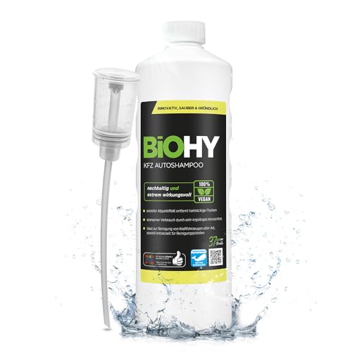 BiOHY KFZ Autoshampoo (1l Flasche) + Dosierer | Bio Autoreiniger schützt Lack vor Schmutz von Außen | biologisch abbaubares Reinigungsmittel | für Hochdruckreiniger geeignet | kraftvolles Konzentrat