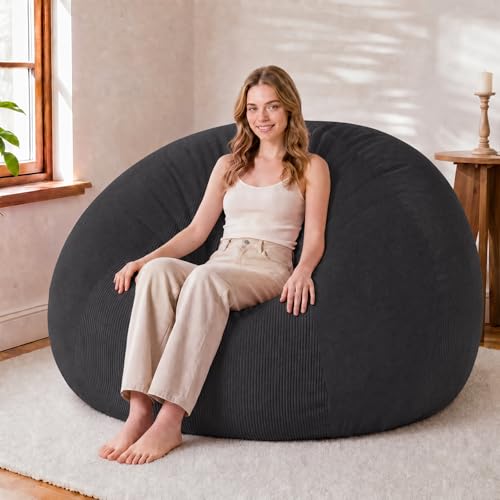 Image of HABUTWAY 5FT Bean Bag Chair Teardrop Bean Bag Chairs for Adults beanbag with Memory Foam Filled with Dual-Tone Unique Combination Corduroy & Luxury Distressed Velvet Washable Cover,Velvet Black