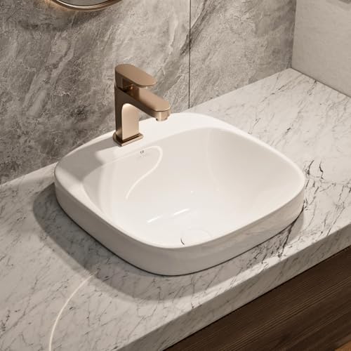 Image of 17″L x 17″D Drop-In Bathroom Sink with Included Pop-Up Drain, Los Flexi White Semi-recessed Bathroom Sink for Vanity, Modern Square Vessel Sink, One Faucet Hole, Above Counter Basin for Small Bathroom