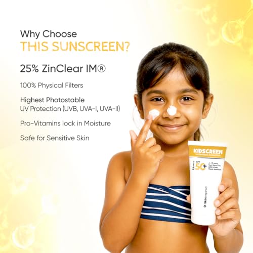 Image of SkinInspired Kidscreen (2-18 yrs) 100% Mineral Sunscreen for Kids | SPF 50+ PA++++ | Broad Spectrum UVA & UVB Protection | Water & Sweat Resistant | Vitamin E & Pro Vitamin B5 | Non-Greasy | 50GM