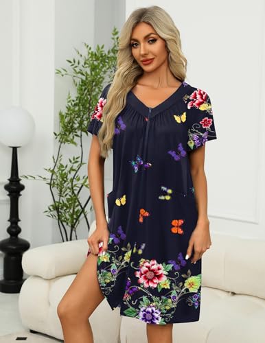 Image of Ekouaer Women Robe Zipper Front Mumu Duster Robes Zip Up Housecoat Soft Sleepwear with Pockets