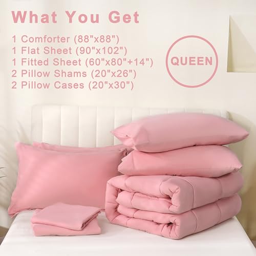 DOWNCOOL Queen Comforter Set, 7 Pieces Bedding Sets Queen Pink, All Season Down Alternative Bed in a Bag Queen with Comforter, Flat Sheet, Fitted Sheet, 2 Pillow Shams & 2 Pillowcases