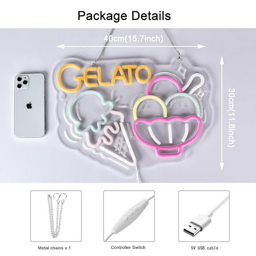 Image of Gelato Neon Sign, Neon Lights Hanging Wall Art Decoration for Restaturant Shop Food Truck Market Bakeries Cafe Celebration Home Decor, USB Powered Ultra Bright Dimmable,15.75x11.8inches