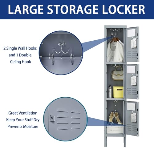 FIVESHOW 3 Door 66\" H Metal Lockers with Lock for Employees,Storage Locker Cabinet for Home Gym Office School Garage,Gray (3 Door, 12”W x12”D x 66”H)