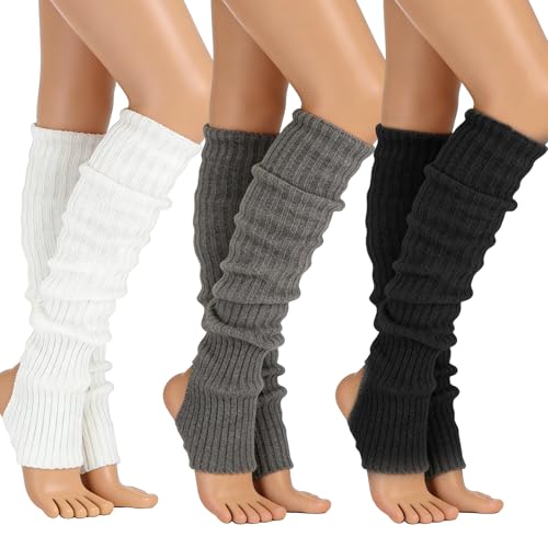 MOAZIFI 3 Paar Winter Stulpen Damen 40cm, Gestrickte Leg Warmers, Beinstulpen, Stulpen Für Damen, Beinwärmer, Legwarmers, Für Winter Frühling Und Herbst, Geschenke Für Frauen (Weiß/Schwarz/Grau)