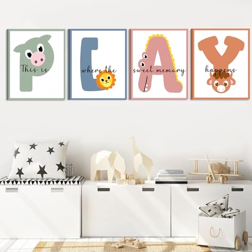 Image of Kids Playroom Wall Art Playroom Wall Decor, Framed Canvas Prints Play Sign for Playroom Wall, Toddler Play Room Wall Decor Let's Play Sign (6 Set,8x10 Inch,FRAMED)