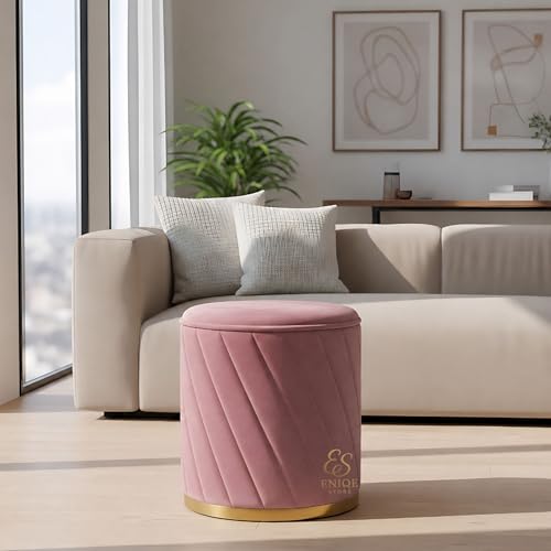 Image of Luxury Round Velvet Ottoman Stool with Gold Base - Modern Upholstered Footrest Pouffe, Tufted Vanity Seat, Living Room Bedroom Dressing Stool (Pink)
