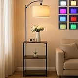 VEAREAR Floor Lamp with Table, Side Table with Lamp with 3-Layer Shelf, 3 Color Temperatures with Remote Control, Remote Control Natural Wood End Table for Bedroom Living Room Office