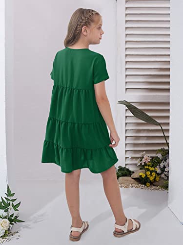 Haloumoning Girls Dresses Casual Short Sleeve Tiered Loose Button Down Ruffle Swing Dress 4-15 Years Green #TOP2
