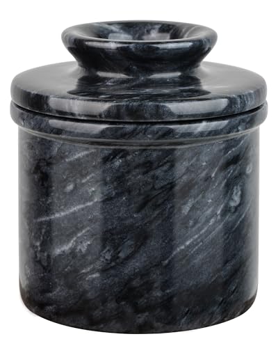 Jersinwei Marble Black Butter Keeper Crock, Handmade French Butter Crock with Water Line for Spreadable Butter,Butter Dish with Lid for Counter-Black Mist