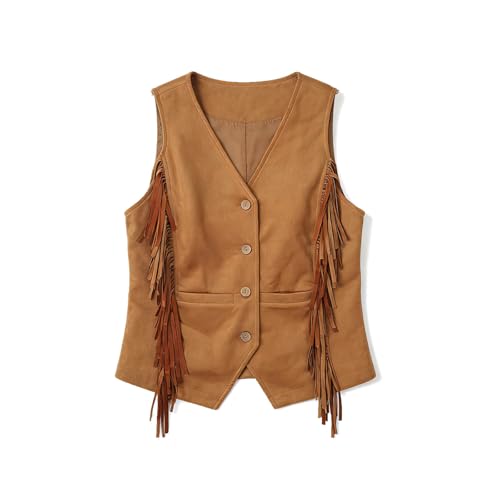 Chaleco largo con flecos mujer marrón estilo casual botones primavera M 3
