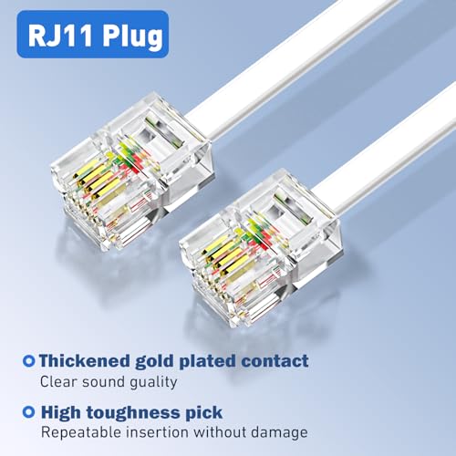 Image of moeverEX Phone Extension Cord 25 Ft, Telephone Cable with Standard RJ11 Plug and 1 in-Line Couplers and 20 Cable Clip Holders, White (Pack of 2)