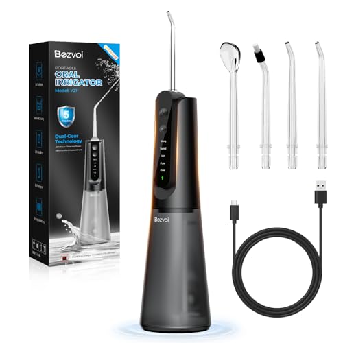 Bezvoi Munddusche Kabellos Water Flosser Zahnreinigung : LED-Anzeige 5 Modi Zahndusche & 6 Düsen, IPX7 Wasserdichte Oral Irrigator Munddusche Testsieger, Ideal für Reise & Zuhause, Schwarz