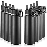 Volhoply Insulated Water Bottles with Straw Bulk 8 Pack, 22 oz Stainless Steel Sports Bottle with Lid,Double Walled Vacuum Metal Thermos with Wide Mouth, Reusable Water Flask for School(Black,8 Set)