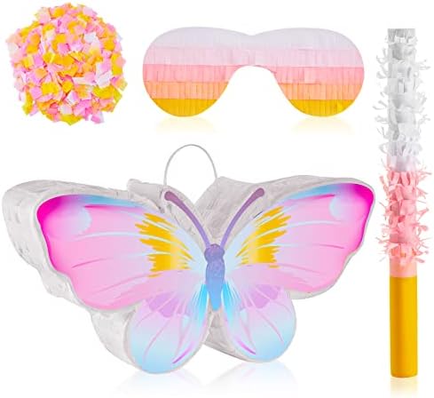 Butterfly Pinata with Pinata Stick, Eye Mask and 1 Pack Confetti, Rainbow Butterfly Party Supplies Butterfly Shaped Animal Pinata for Girls Butterfly Birthday Decorations, 15.2 x 7.9 Inches
