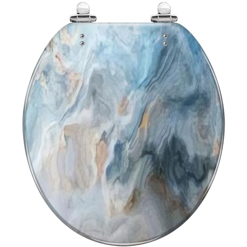 Round Toilet Seat Blue marble pattern grey gold inclusions Abstract texture 2D Resin Toilet Seat Slow Quiet Close with Quick-Release Hinges Toilet Seat with Cover Easy to Clean Install