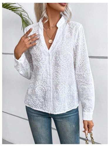 SweatyRocks Women's Notched V Neck Roll Up Sleeve Button Down Eyelet Blouses Tops3