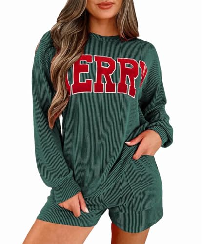 Opemiby Womens Ribbed Pajama Sets Long Sleeve Top and Shorts