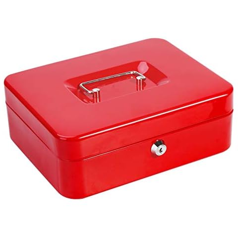 Metal Cash Box with Money Tray, Parrency Money Box with Key Lock for Security (Red, Medium - 9 4/5" x 7 4/5" x 3 1/2") Cover