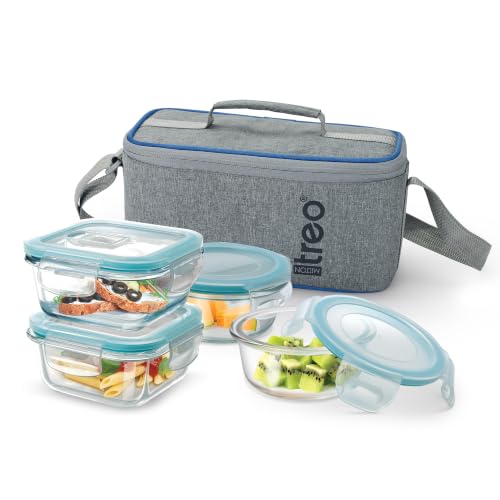 Image of Treo By Milton All Fresh Omni Mini Borosilicate Glass Tiffin|Microwave & Oven Safe|Air Vent Leak-Proof Lid with Durable Jacket|for Office & Travel| Set of 4: 2 x 320ml Round & 2 x 200 ml Square, Grey