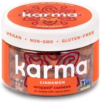 Cinnamon Cashews with Skin by Karma Nuts, Whole, Sweet, Roasted, Vegan, Gluten Free, Low Net Carb, Natural, Everyday Nut Snack, 8oz Jar (Pack of 1)