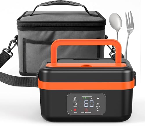 Almuerzo eléctrico inalámbrico 1 L, caja calefactora recargable de 16000 mAh, temporizador, impermeable, caja de calefacción portátil con vajilla, para oficina, coche, viaje, color negro