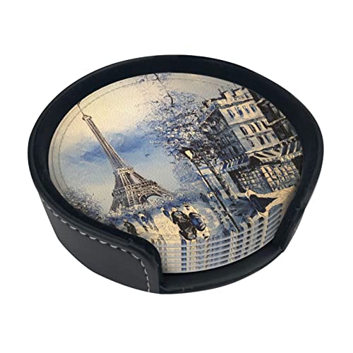 Lot de 6 dessous de verre en cuir imprimé Tour Eiffel romantique pour boissons, décoration d'intérieur et cadeau de pendaison de crémaillère