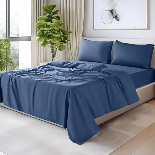 Image of SONORO KATE 100% Egyptian Cotton Sheets,1200 Series,Cal King Size | Soft Breathable & Cooling LuxuryHotel Cotton,Sateen Weave for Soft Feel,Fits Upto 16 inch Mattress,4PC,Navy Blue