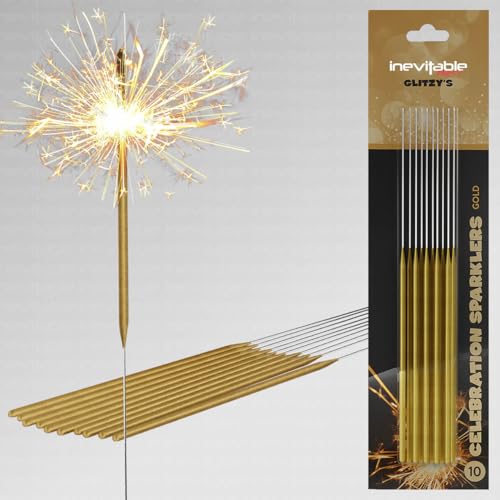 18cm (7) Glitzy Celebration Sparklers for Indoor or Outdoor Use | Metallic Colour Coated Sparklers in Gold Rose Gold or Silver | Great for Any Occasion (Gold 10)