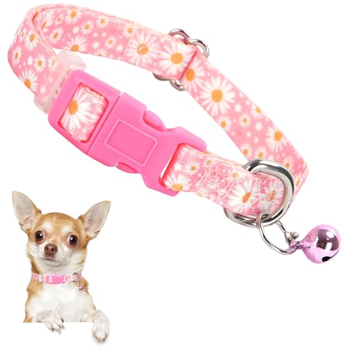 Pink Puppy Collar with Bell -Nylon Collar for Chihuahua Pomeranian Yorkie, Adjustable XXS/XS for Walks & Daily Play (Daisy XS) 12 XS