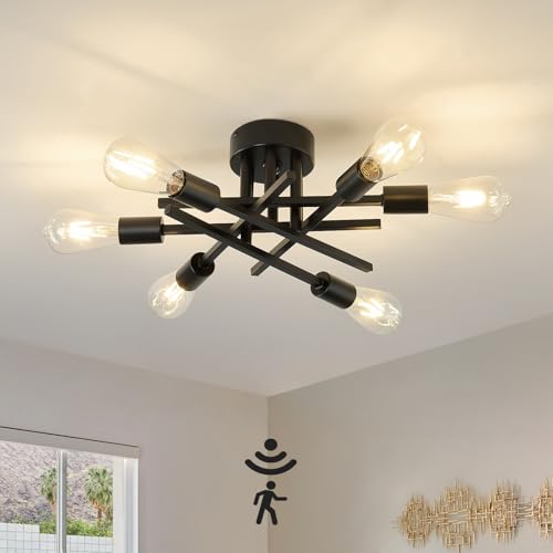 Image of Semi Flush Mount Motion Sensor Ceiling Light Fixture,6 Lights Black Vintage Matte Sputnik Chandelier Ceiling Lamp with E26 Bulb Base for Farmhouse Dining Room Living Room Bedroom Study Kitchen