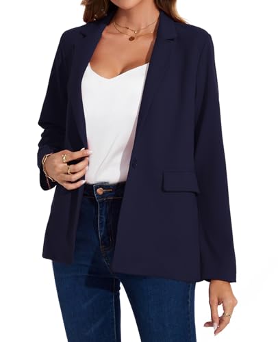 MINTLIMIT Womens Blazer Notched Lapel Button Front Jacket Suits with Pockets Formal Work Office,Navy Blue,S4