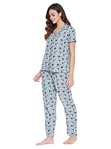 Image of Clovia Women's Crepe Print Me Pretty Button Me Up Sleep Shirt & Pyjama Set