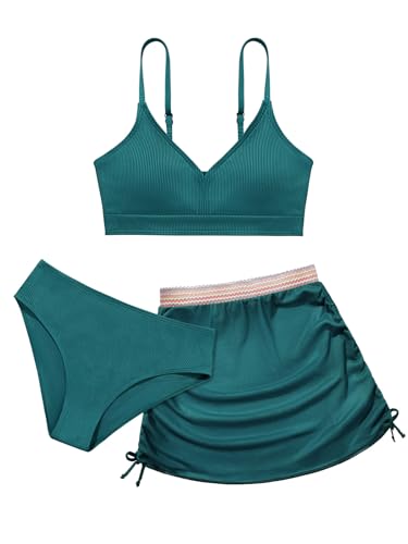 ESHOO Girls Swimsuits Kids 3 Piece Bathing Suit Teen Girls Bikini Swimwear with Drawstring Cover Up Skirt Beach Swimwear
